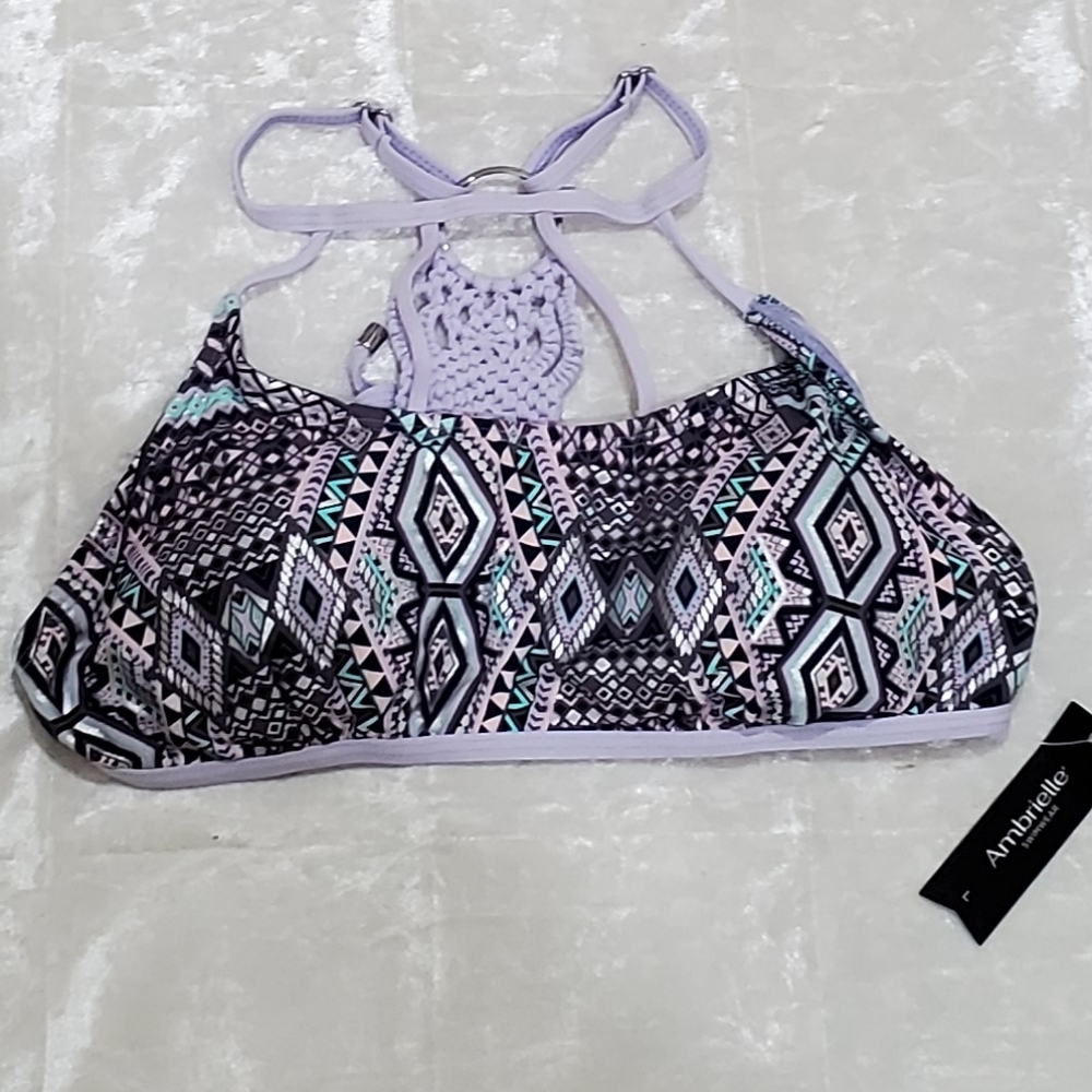 Ambrielle Metallic Purple Tribal Print Bikini Top